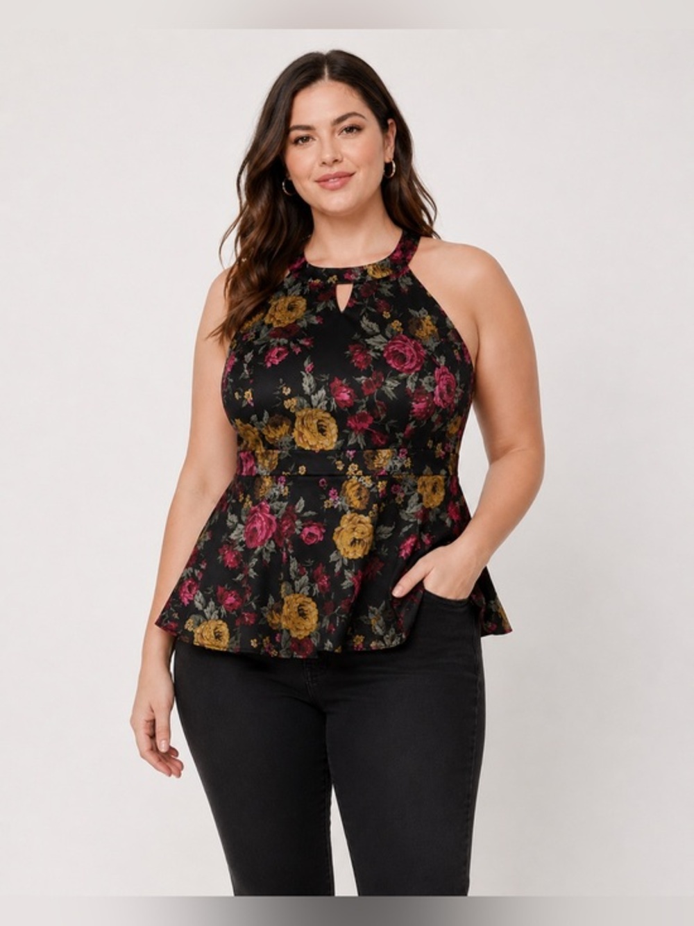 Torrid Size 00 Black Floral Satin Peplum Halter Keyhole Top NWT Boho